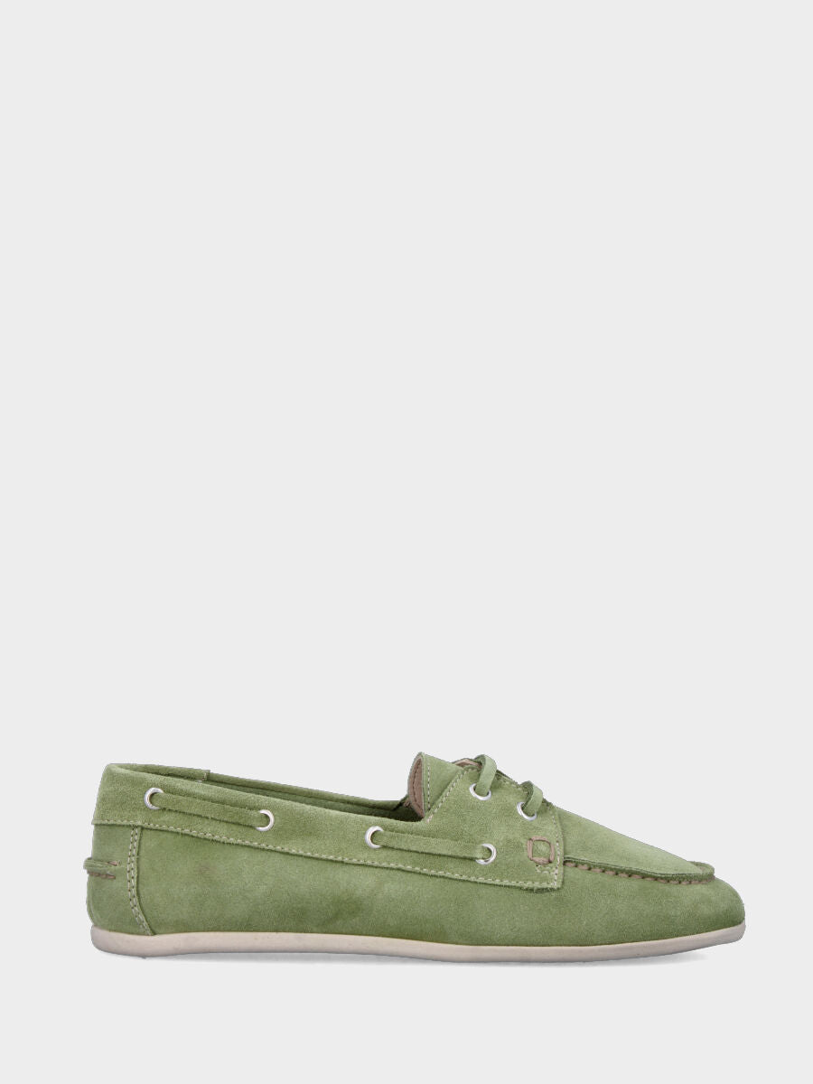 Stringata flat in velour verde con lacci in pelle tono su tono