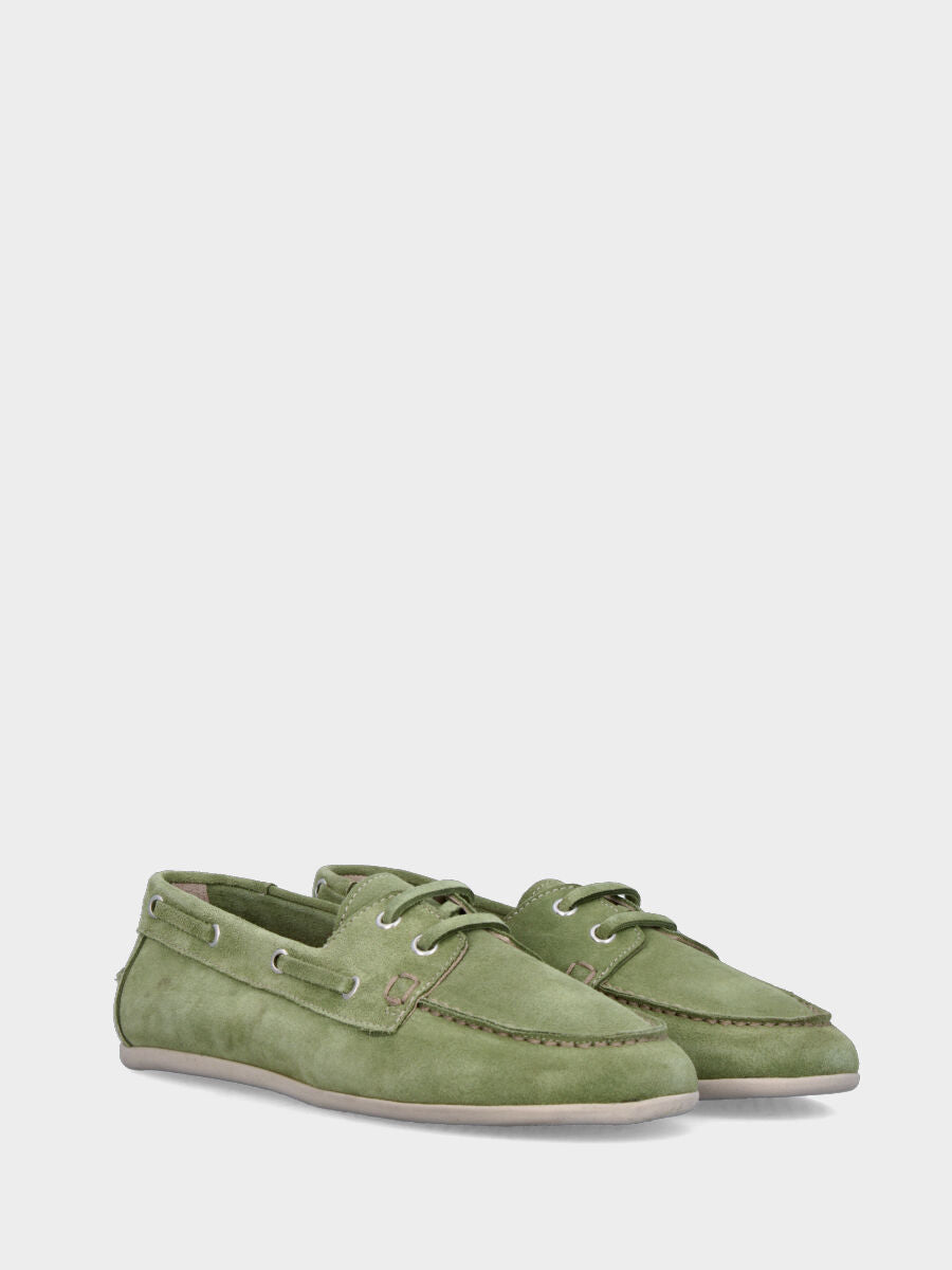 Stringata flat in velour verde con lacci in pelle tono su tono