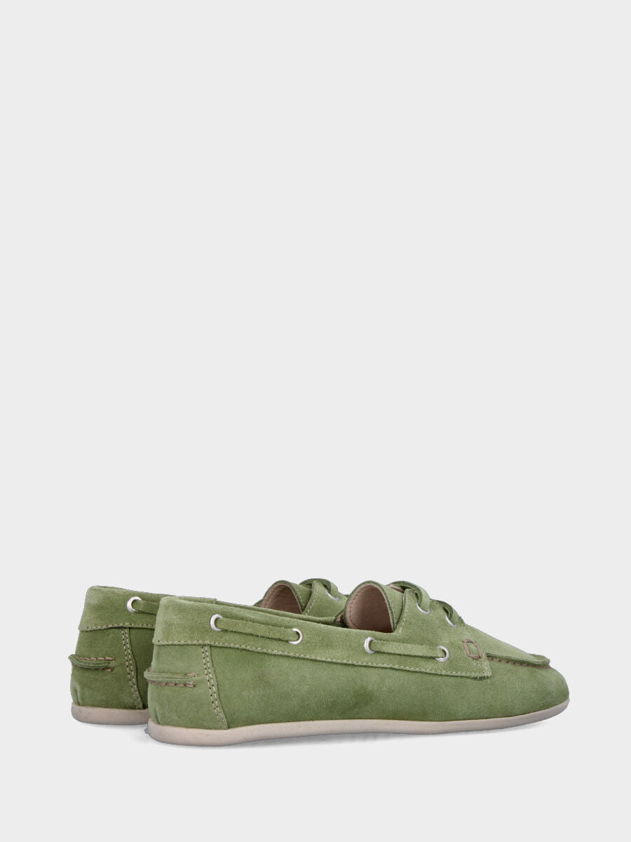 Stringata flat in velour verde con lacci in pelle tono su tono