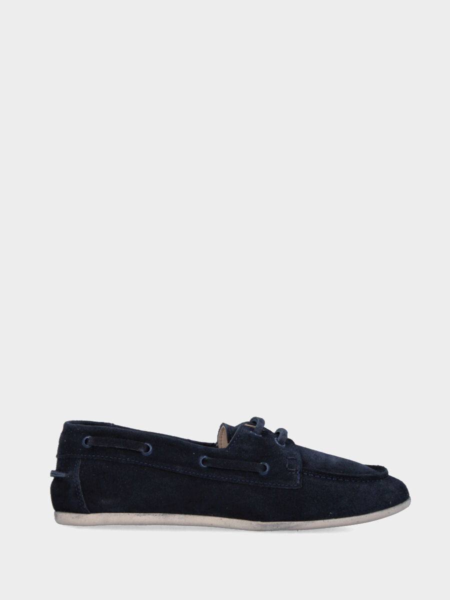 Stringata flat in velour blu con lacci in pelle tono su tono
