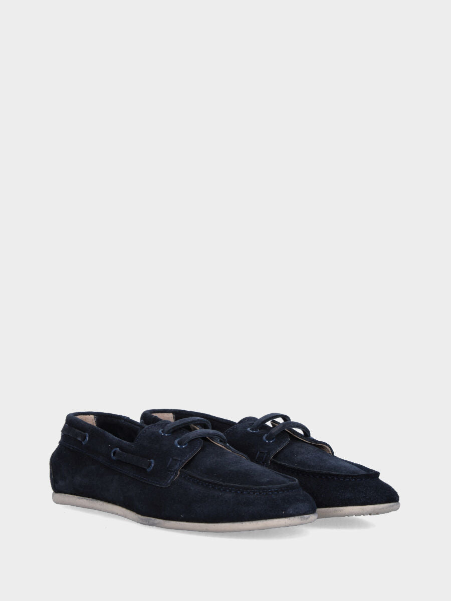 Stringata flat in velour blu con lacci in pelle tono su tono