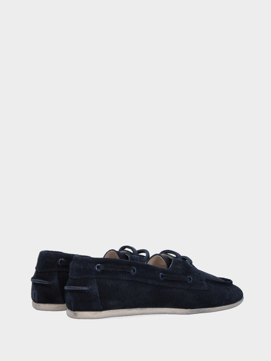 Stringata flat in velour blu con lacci in pelle tono su tono