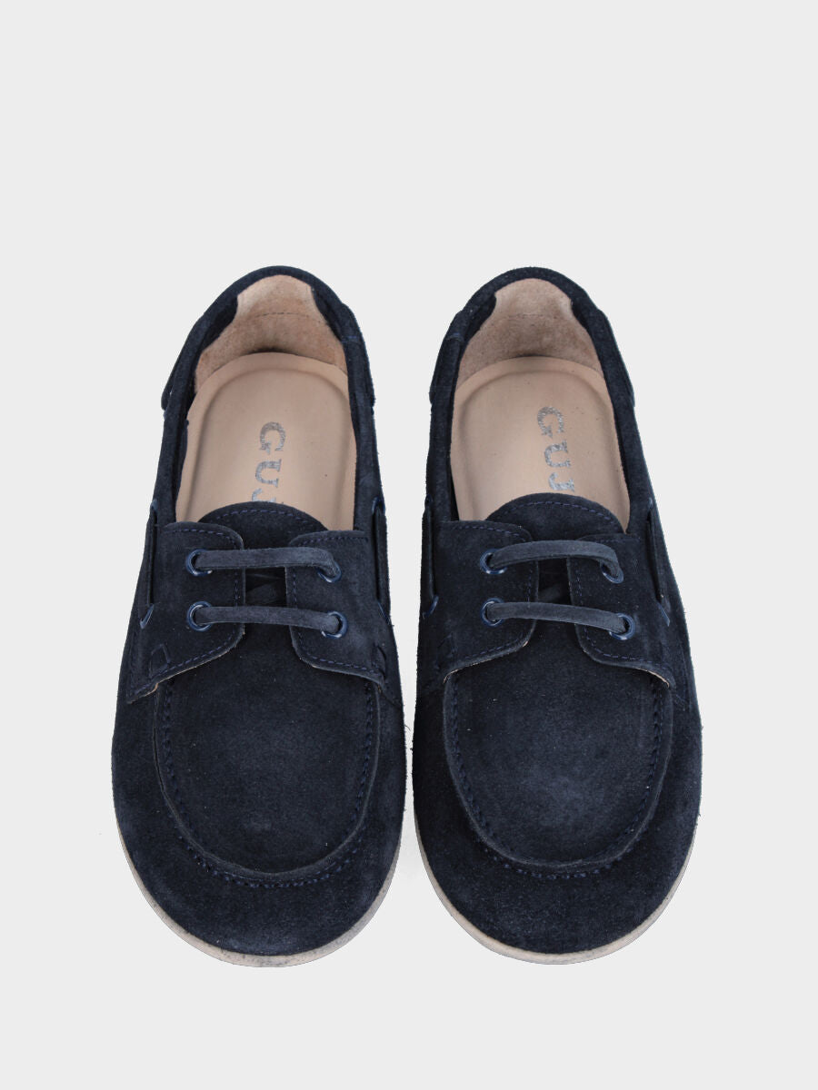 Stringata flat in velour blu con lacci in pelle tono su tono