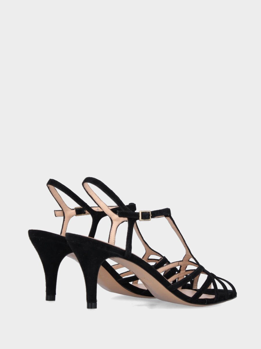 Sandalo in camoscio nero con listini incrociati e tacco a blocco