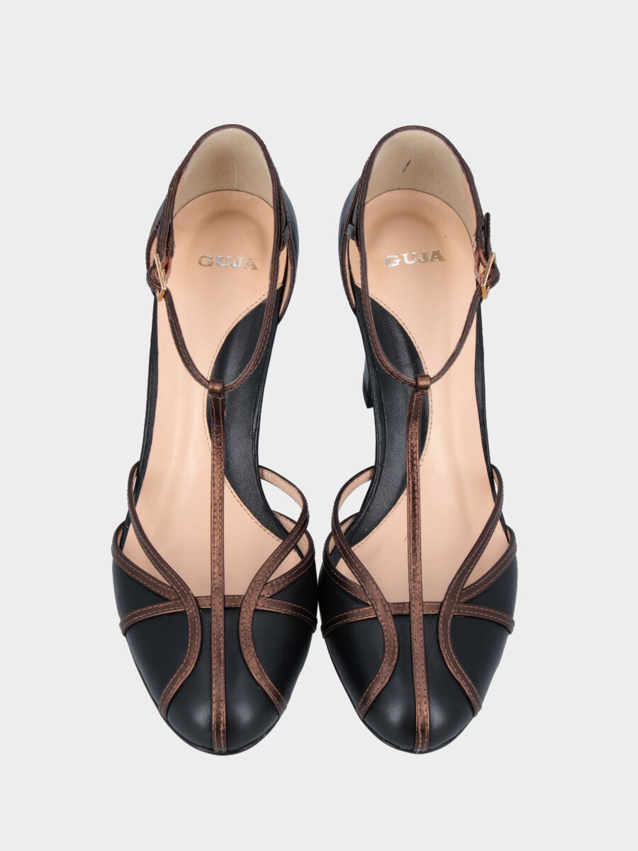 Charleston in black calfskin with bronze straps and wide heel