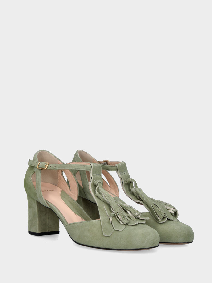 Charleston en suède vert sauge avec franges et pompons