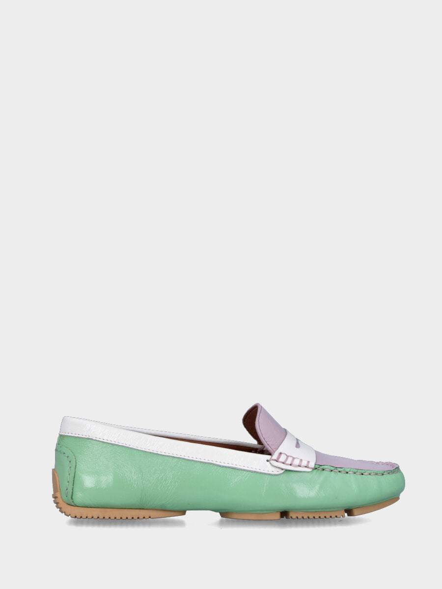 Mocassino in naplak multicolor verde e lilla con vaschetta cucita