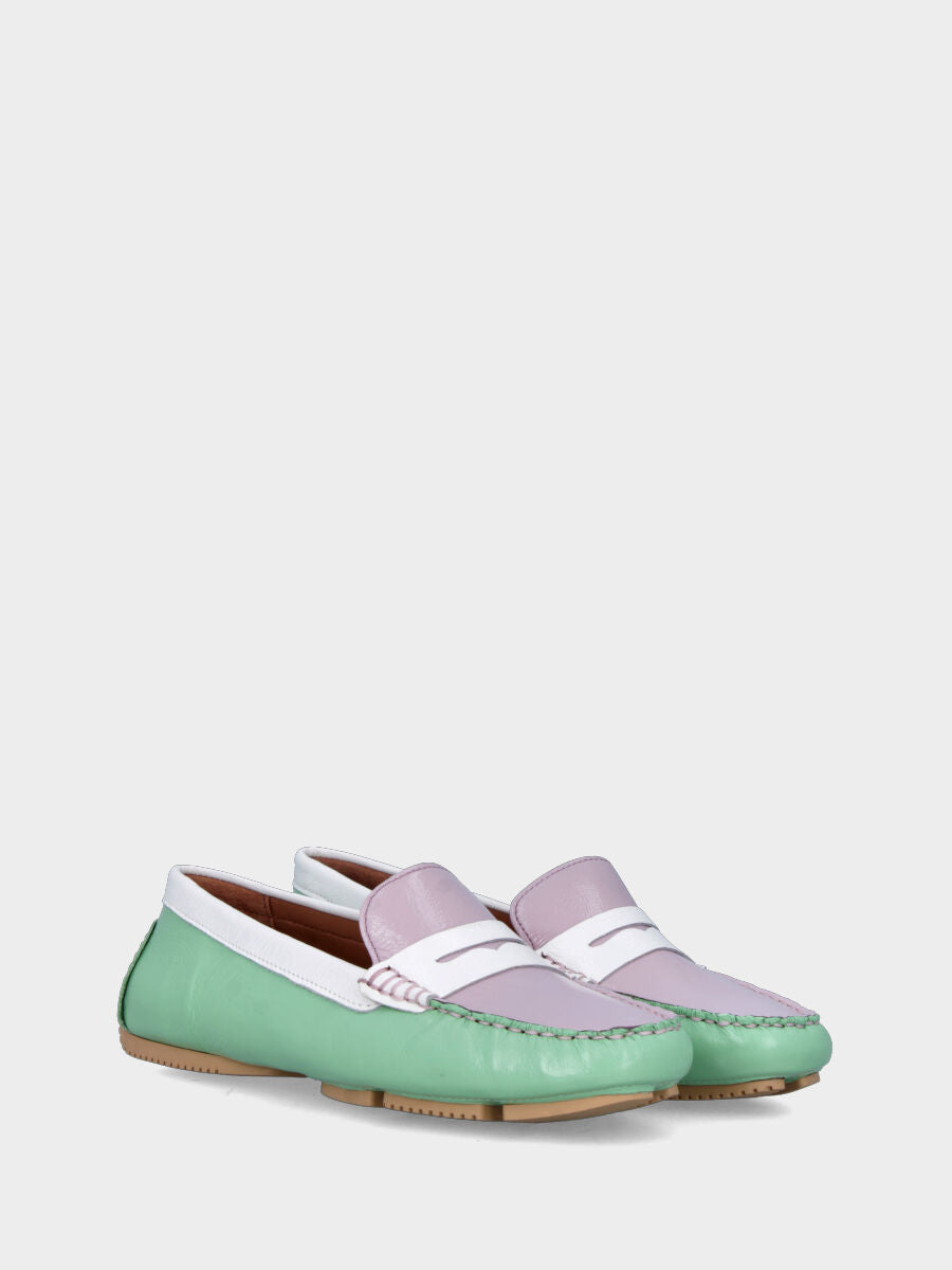 Mocassino in naplak multicolor verde e lilla con vaschetta cucita