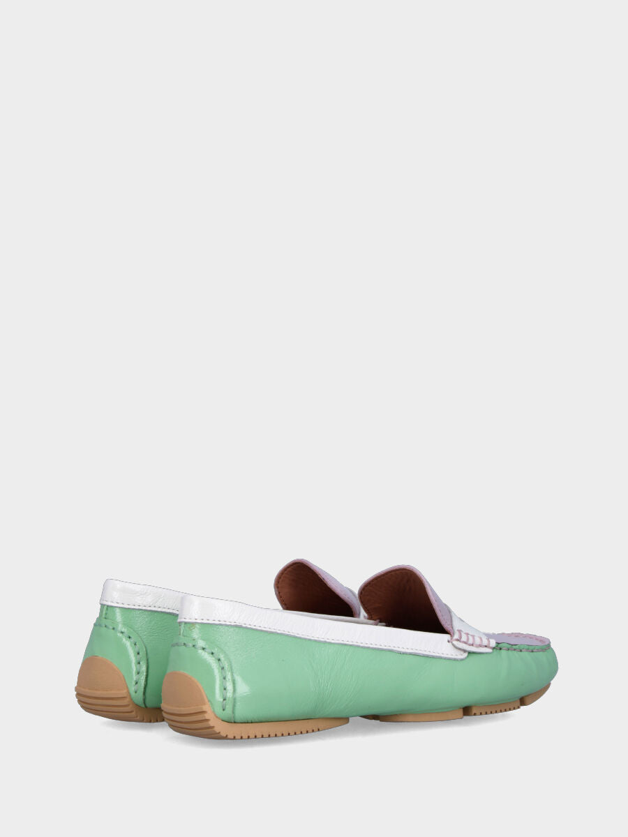 Mocassino in naplak multicolor verde e lilla con vaschetta cucita