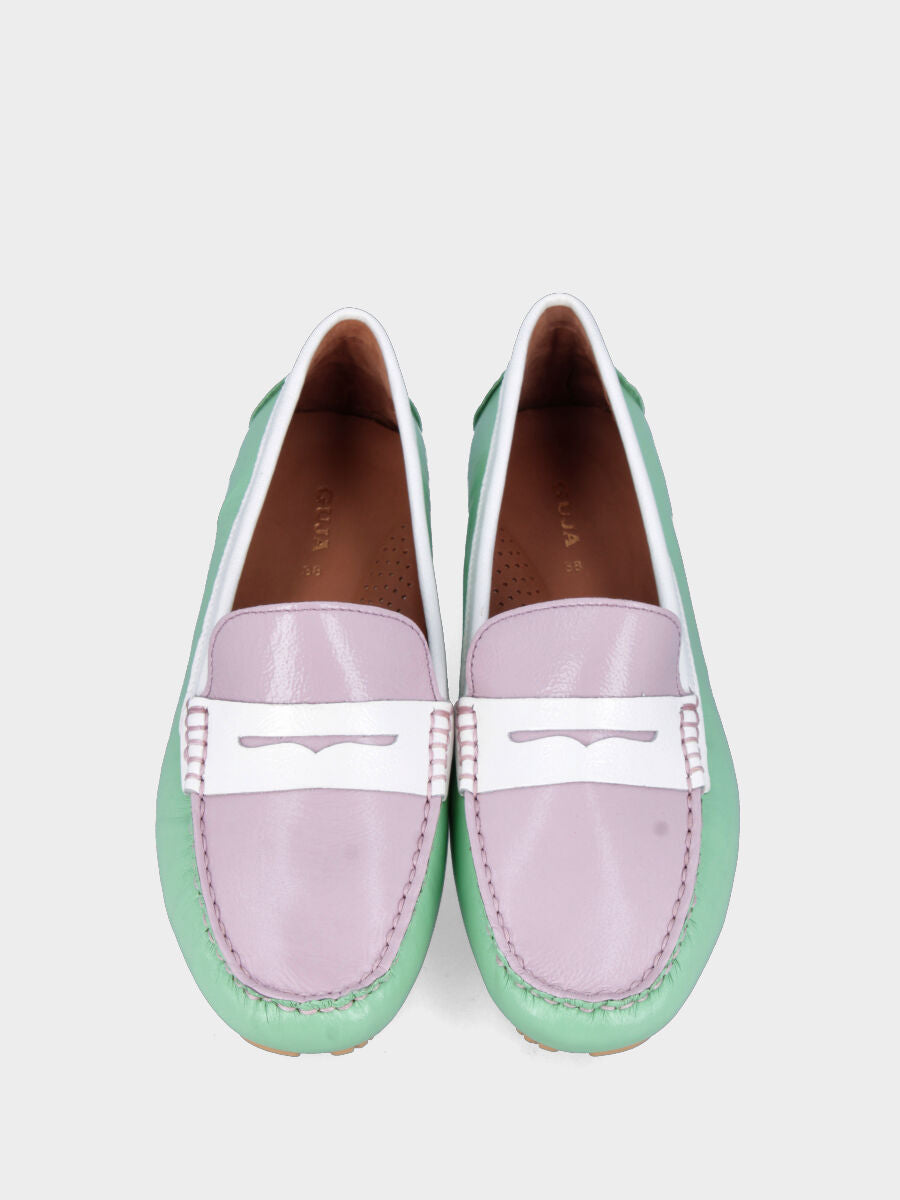 Mocassino in naplak multicolor verde e lilla con vaschetta cucita