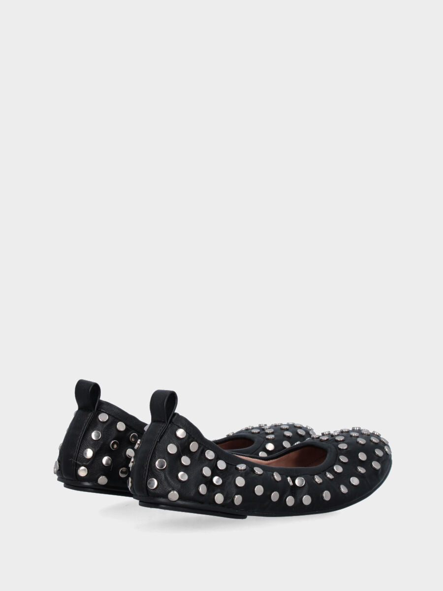 Ballerina a sacchetto flat in nappa nera con scollo arricciato