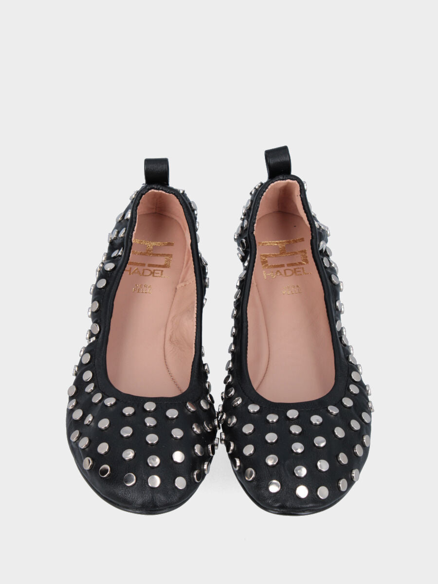 Ballerina a sacchetto flat in nappa nera con scollo arricciato