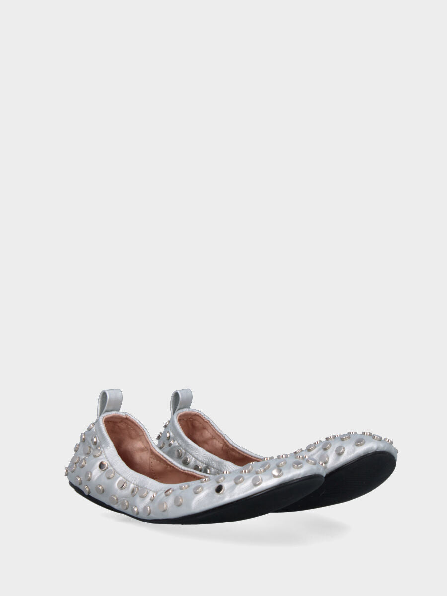Ballerina flat in laminato argento con arricciatura e lavorazione a sacchetto