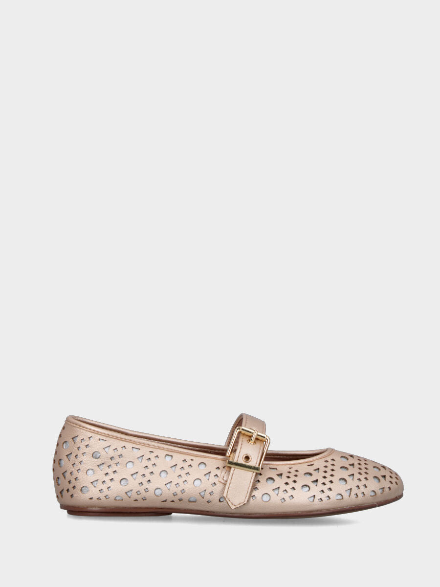 Ballerina Mary Jane in laminato platino con fori e lavorazione a sacchetto