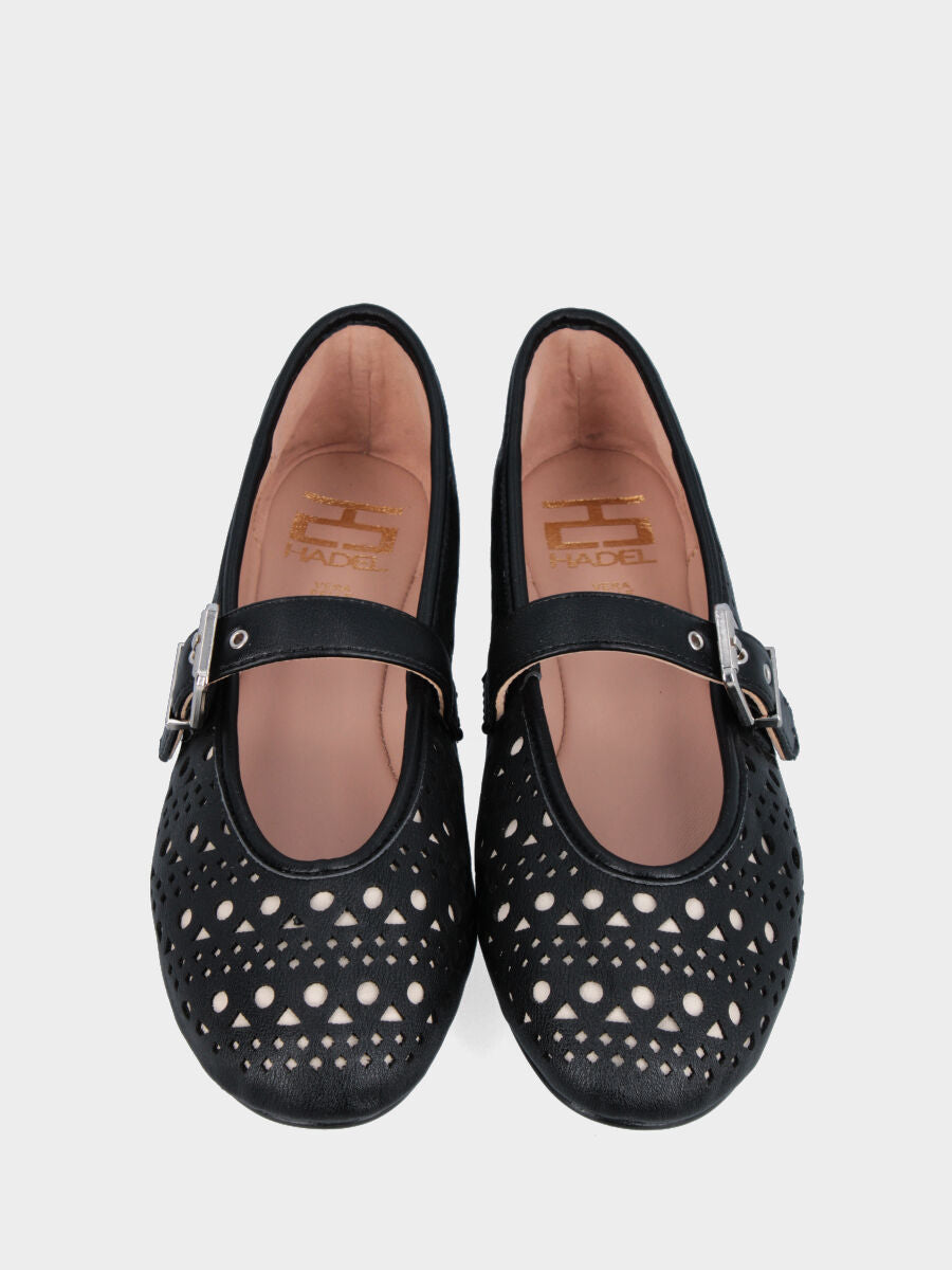 Ballerina Mary Jane in nappa nera con fori e lavorazione a sacchetto