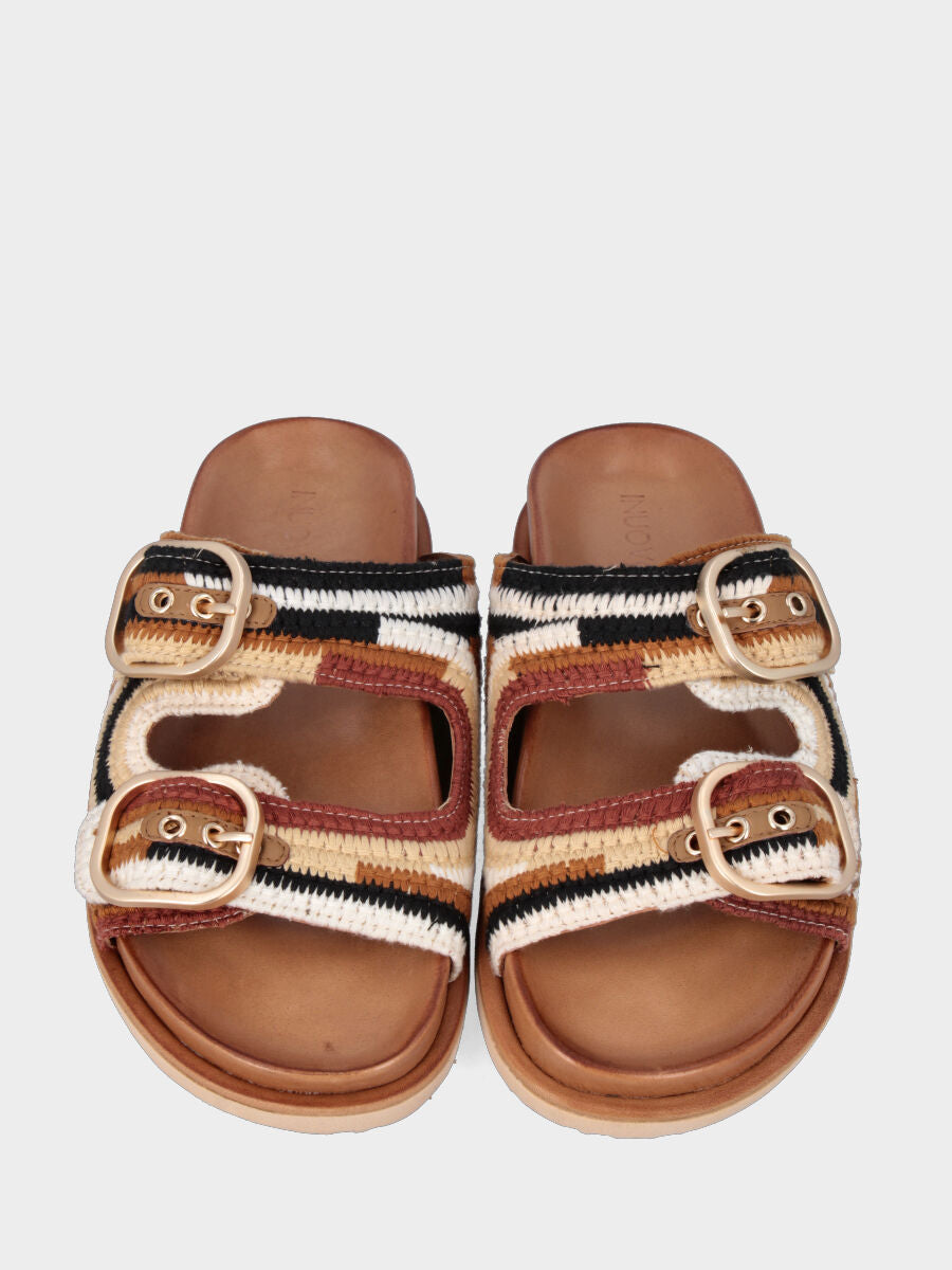 Sandalo flat in tessuto multicolor con fusbet e platform
