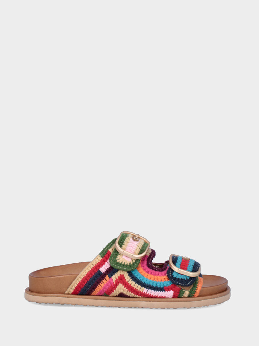 Sandalo flat in tessuto multicolor con fusbet e platform