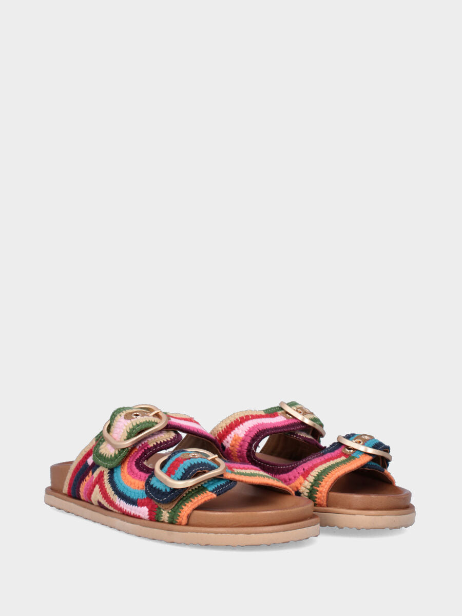 Sandalo flat in tessuto multicolor con fusbet e platform