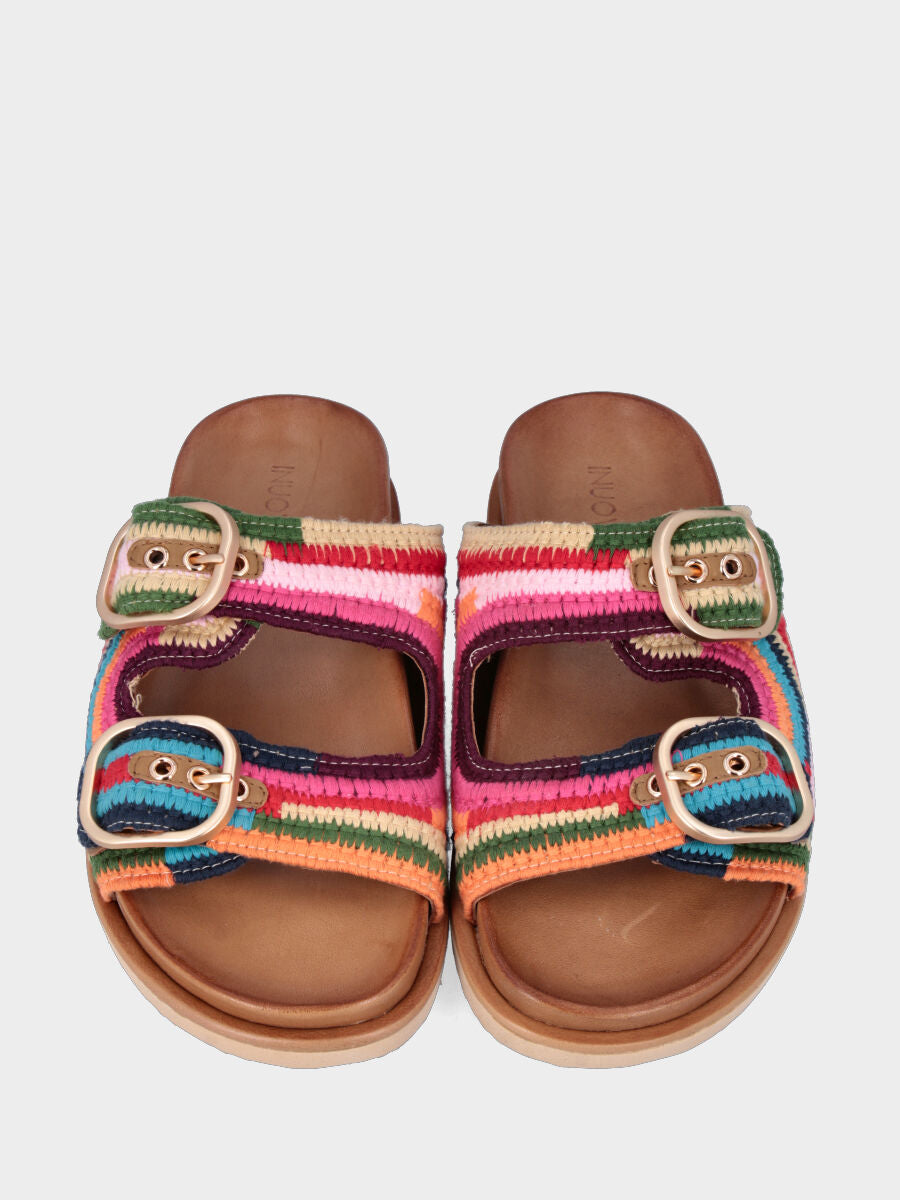Sandalo flat in tessuto multicolor con fusbet e platform