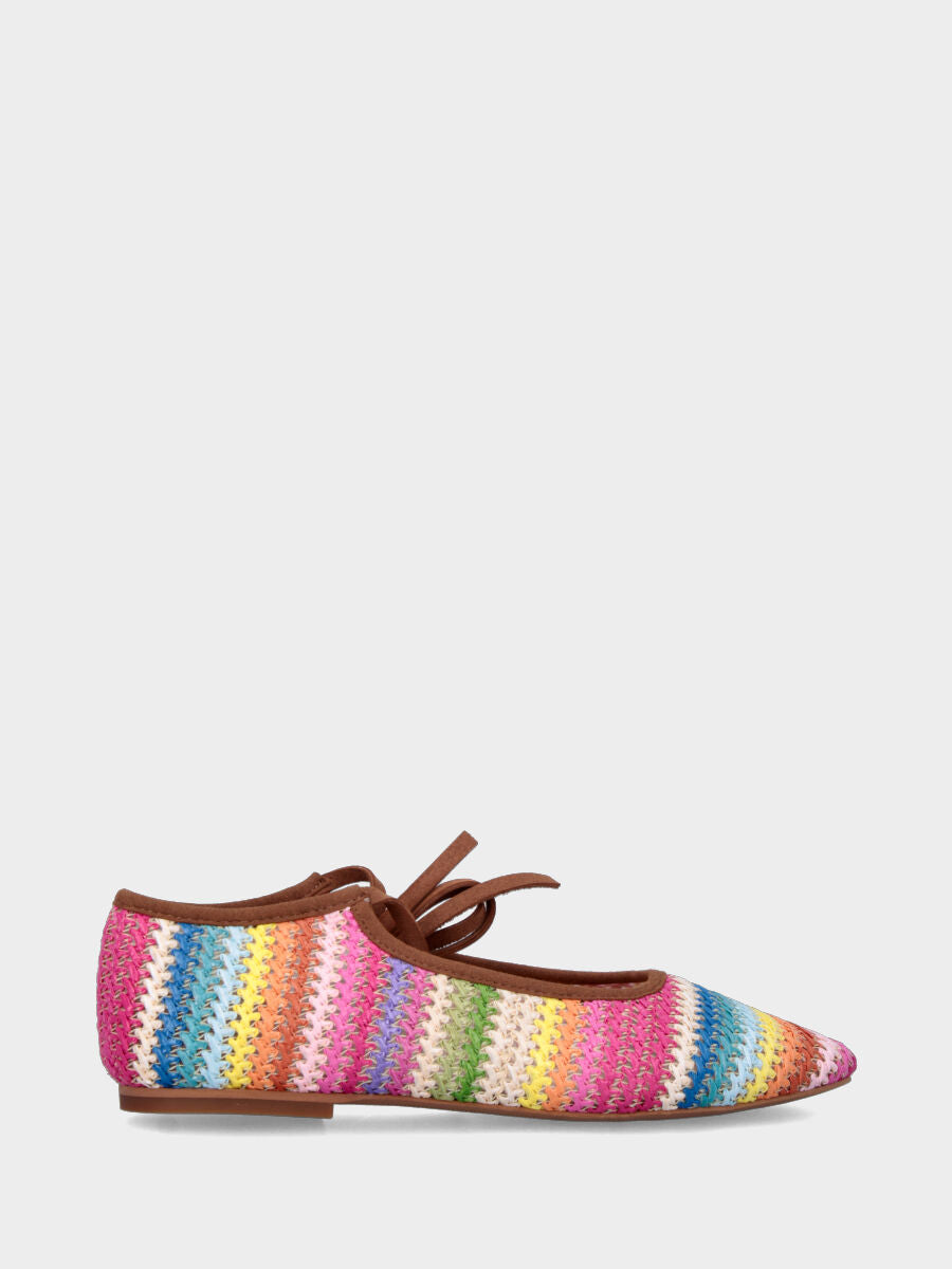 Ballerina in tessuto fantasia multicolor con laccio alla caviglia