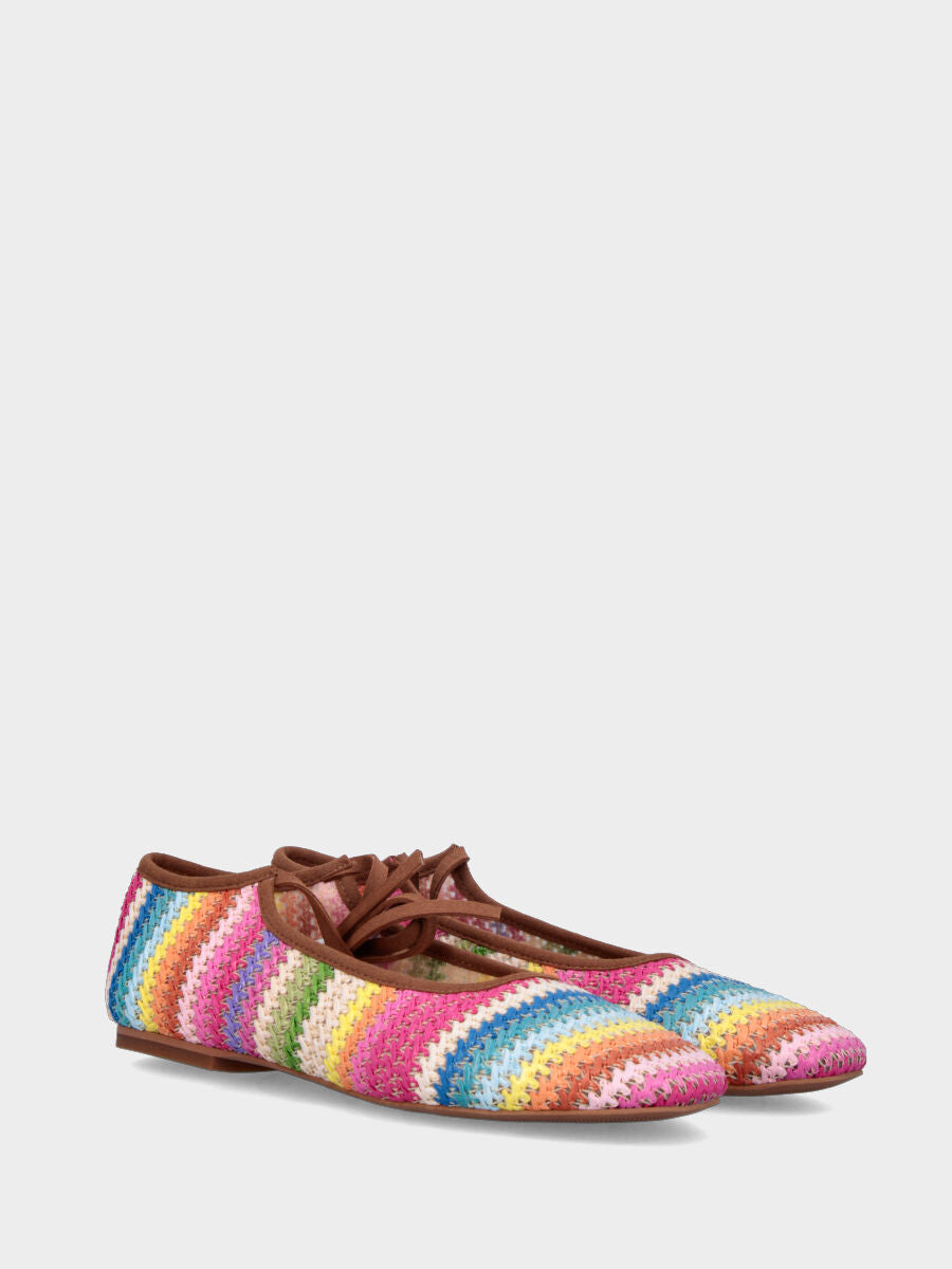 Ballerina in tessuto fantasia multicolor con laccio alla caviglia