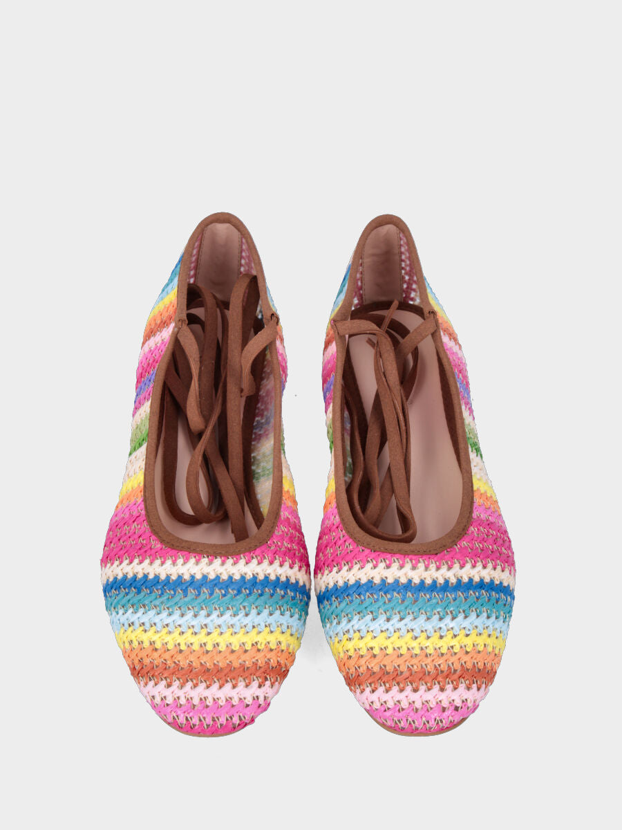 Ballerina in tessuto fantasia multicolor con laccio alla caviglia
