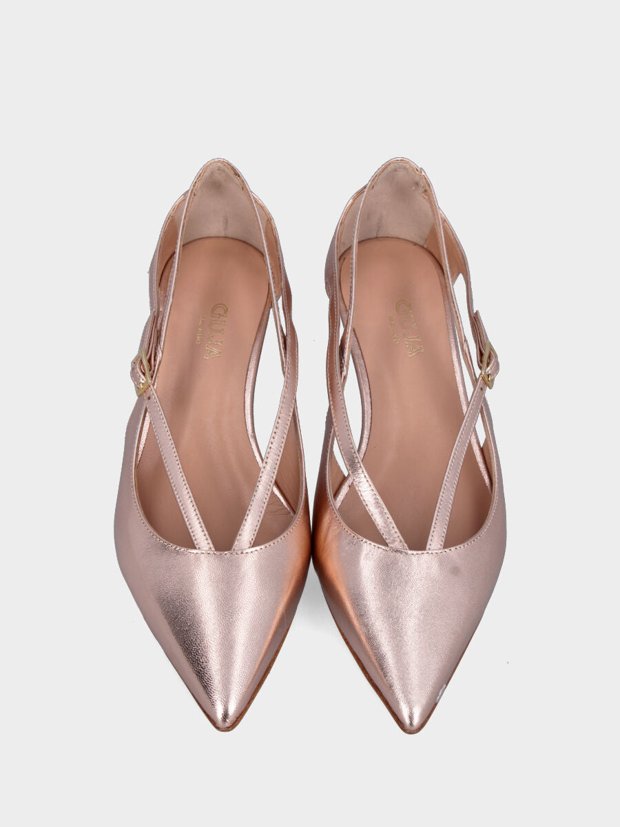 Escarpins en laminé platine avec brides croisées et talon en forme de calice