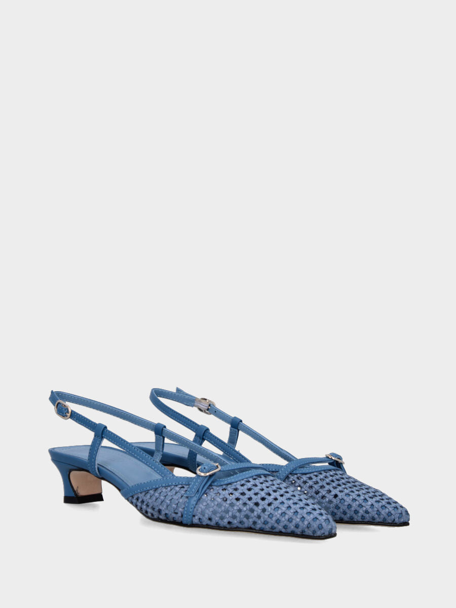 Slingback in rafia color jeans con cinturino e tacco a coda