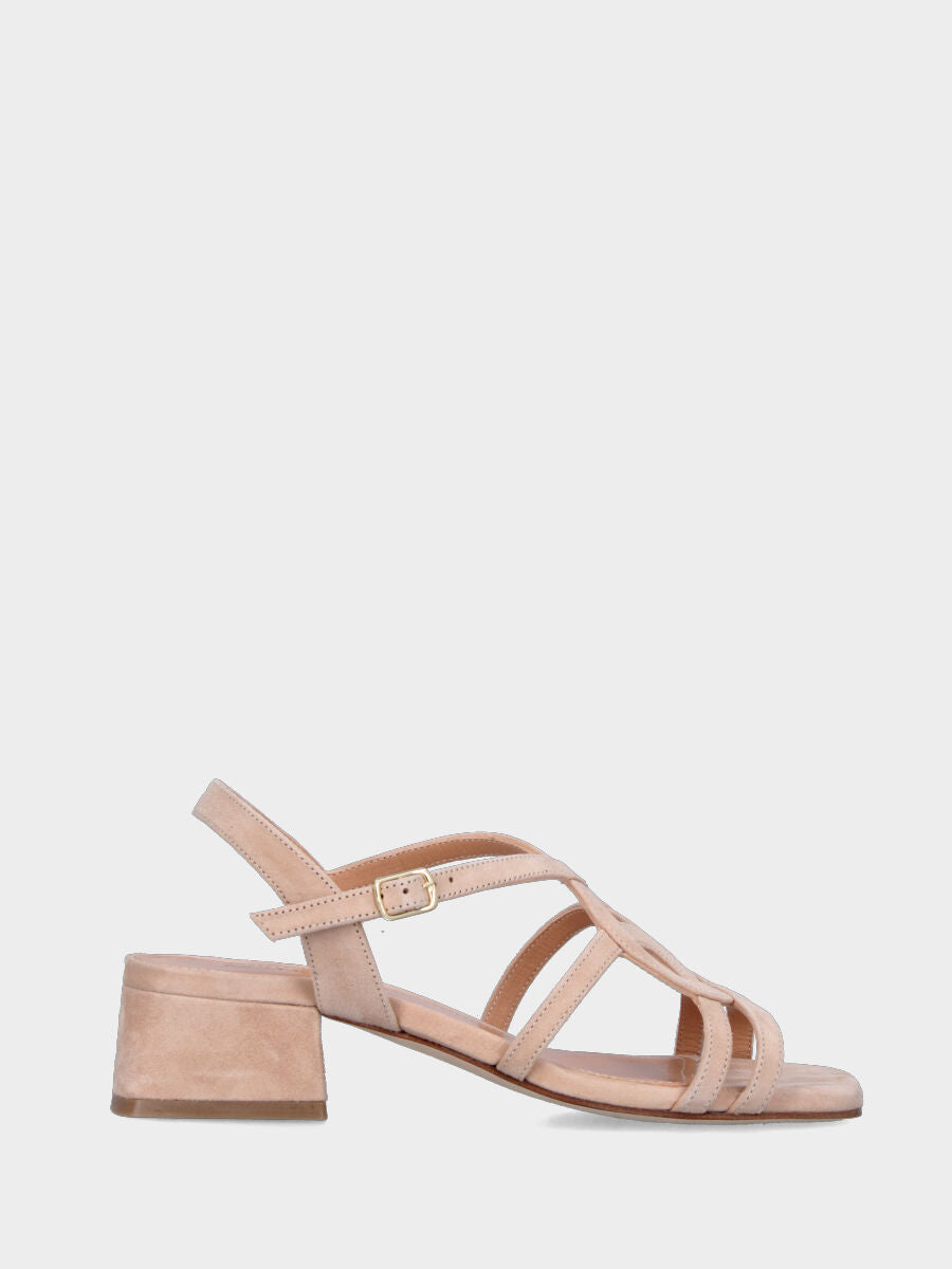 Sandalo in camoscio beige con listini a otto e tacco a blocco