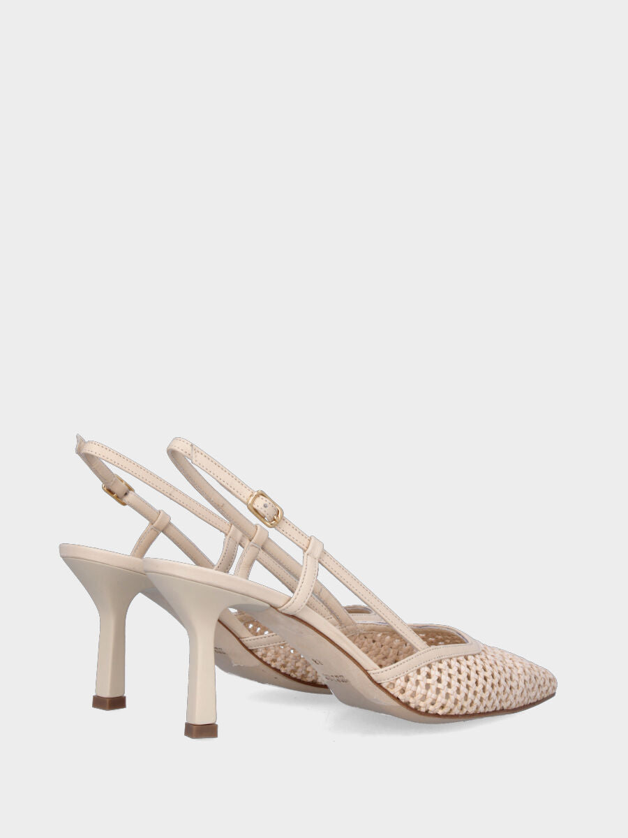 Slingback in nappa beige e rafia intrecciata con tacco a calice