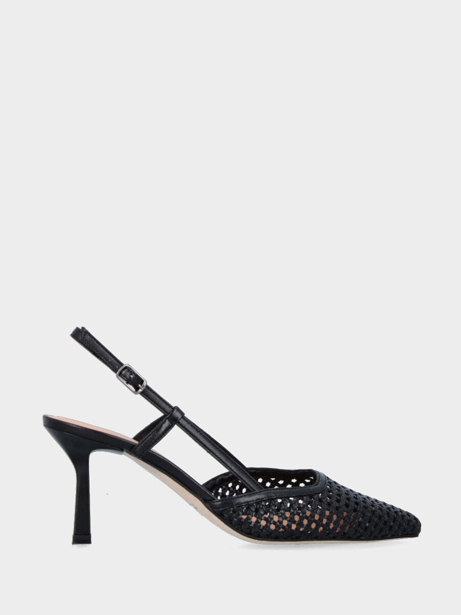 Slingback in nappa nera e rafia intrecciata con tacco a calice