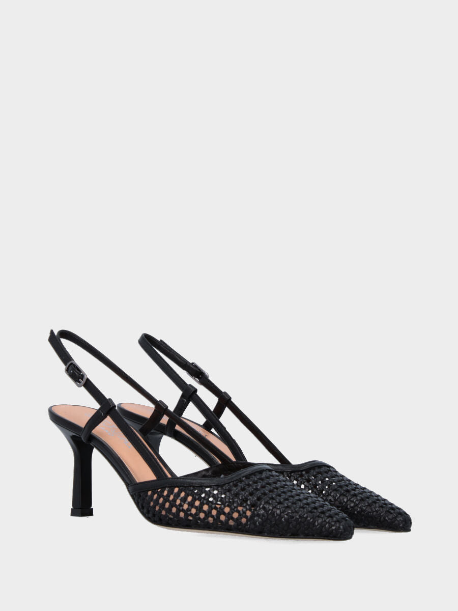 Slingback in nappa nera e rafia intrecciata con tacco a calice