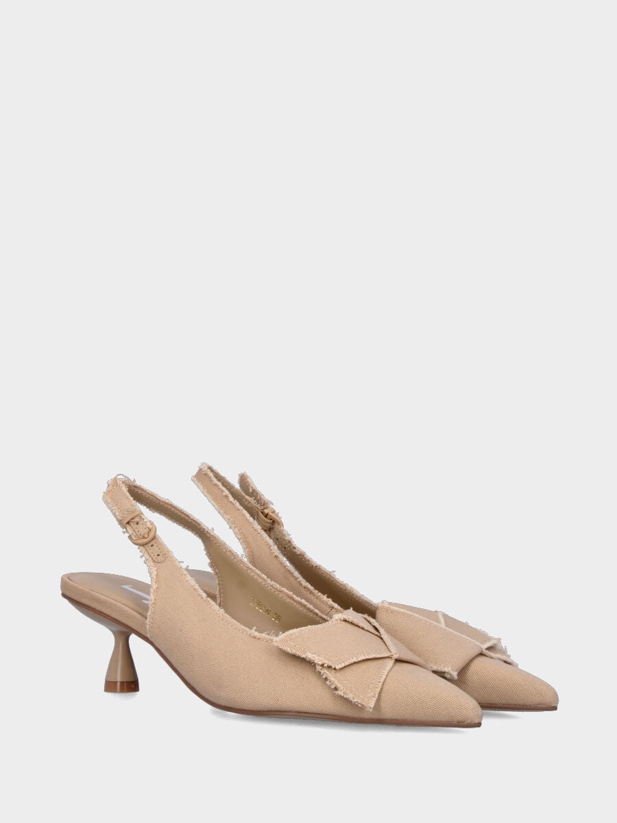 Slingback in tessuto ecrù con fiocco sullo scollo e tacco a calice