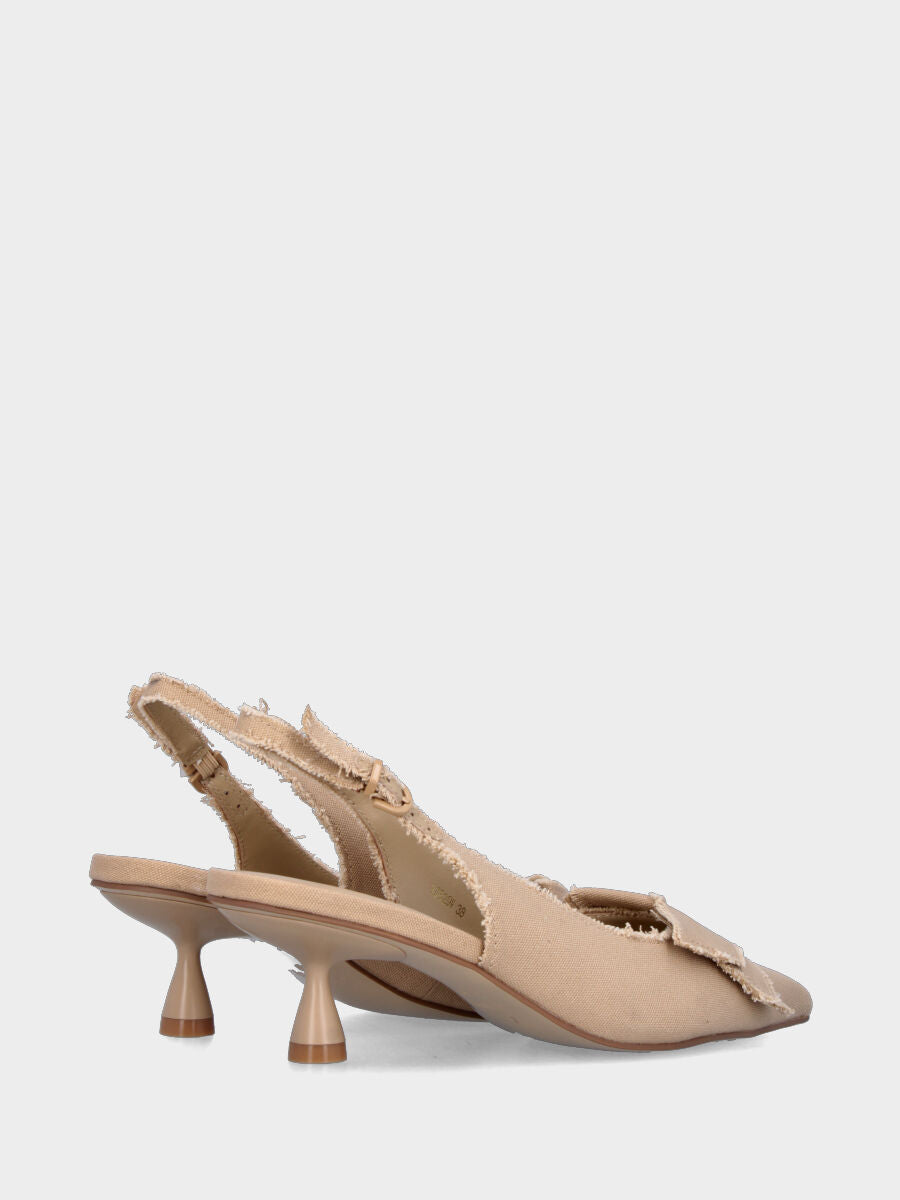 Slingback in tessuto ecrù con fiocco sullo scollo e tacco a calice