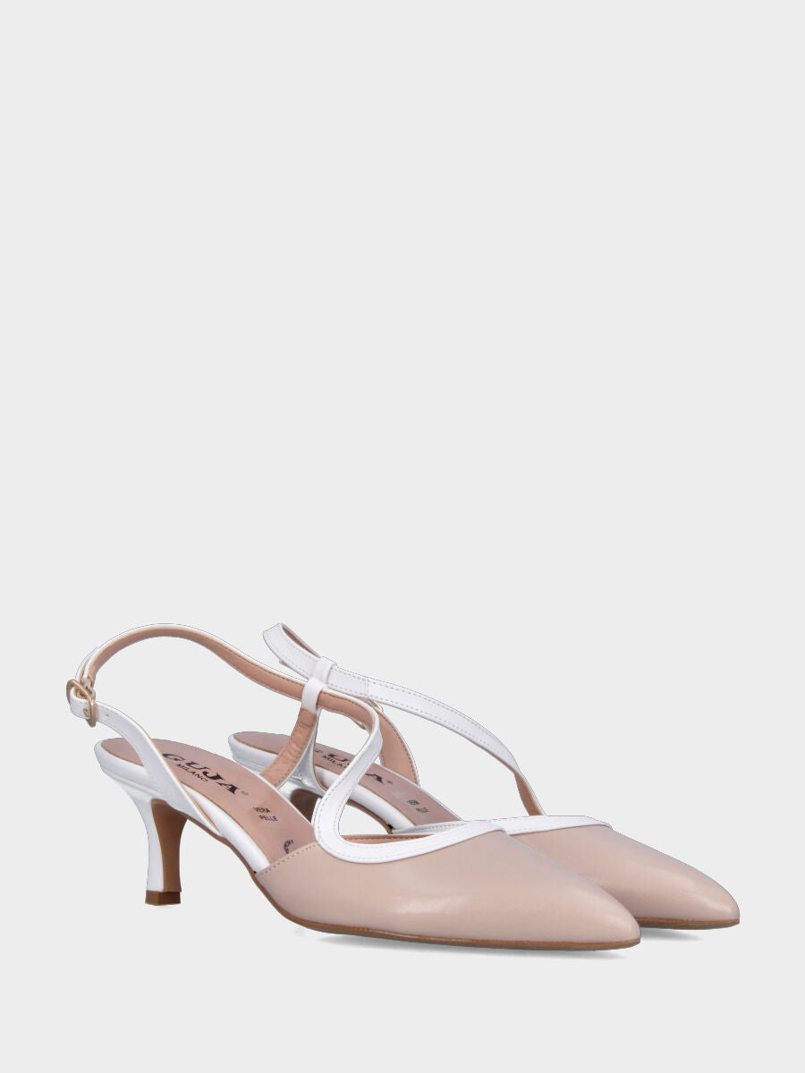 Slingback in nappa beige con cinturino a contrasto e tacco a calice