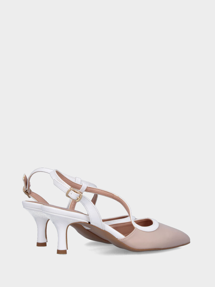 Slingback in nappa beige con cinturino a contrasto e tacco a calice