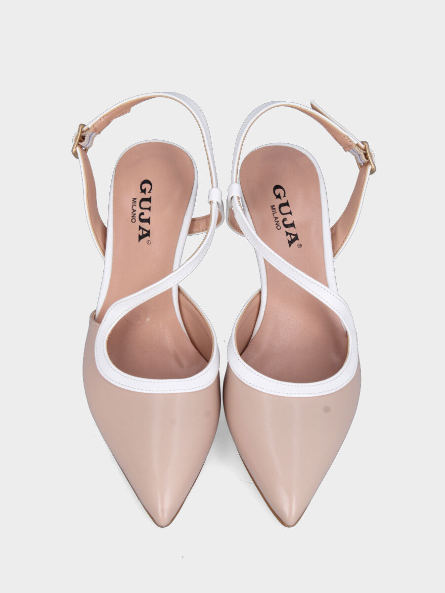 Slingback in nappa beige con cinturino a contrasto e tacco a calice