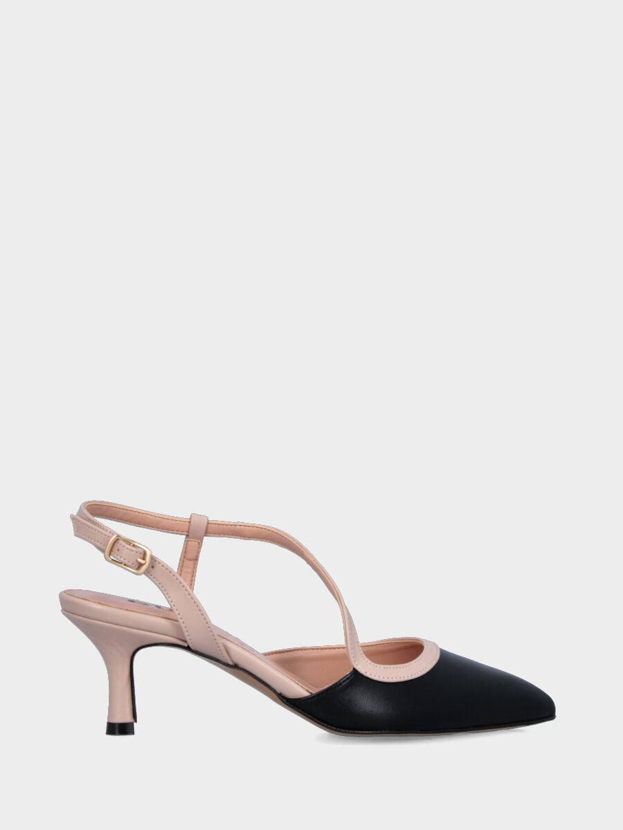 Slingback in nappa nera con cinturino a contrasto e tacco a calice