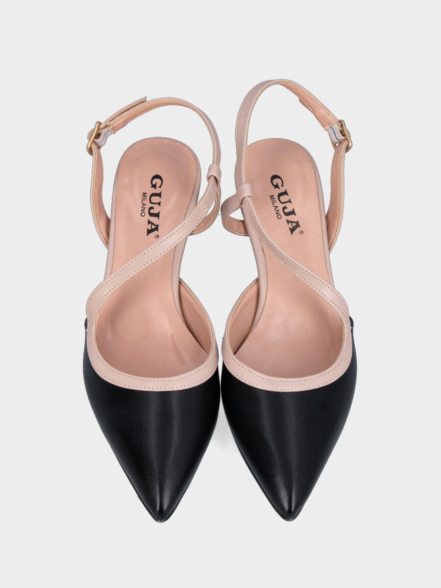 Slingback in nappa nera con cinturino a contrasto e tacco a calice
