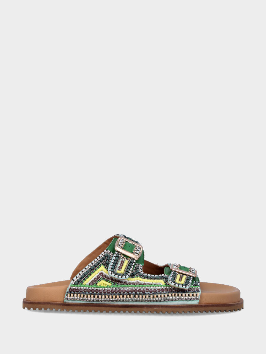 Ciabatta in camoscio multicolor sui toni del verde con cinturini e perline