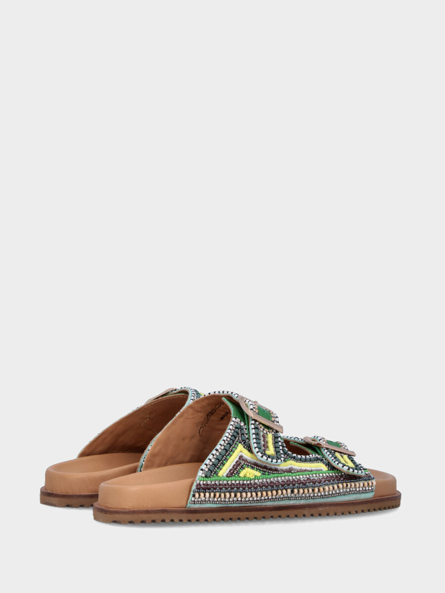 Ciabatta in camoscio multicolor sui toni del verde con cinturini e perline