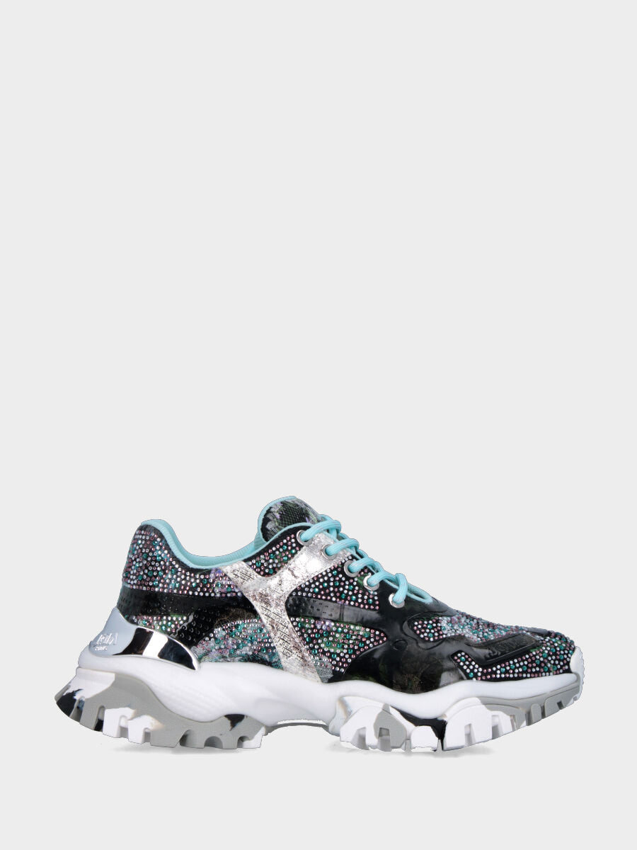 Sneaker in tessuto nero con cristalli e dettagli fantasia