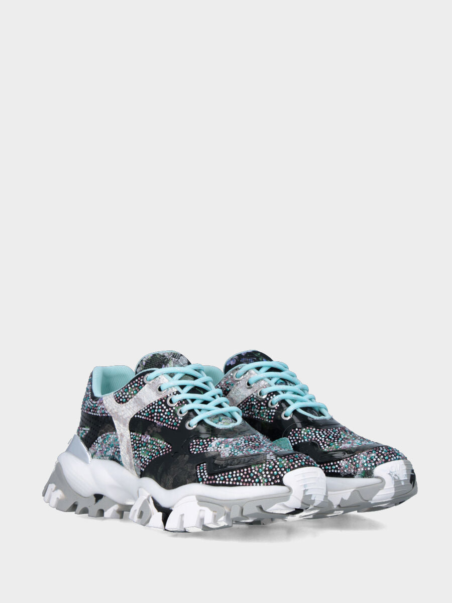 Sneaker in tessuto nero con cristalli e dettagli fantasia