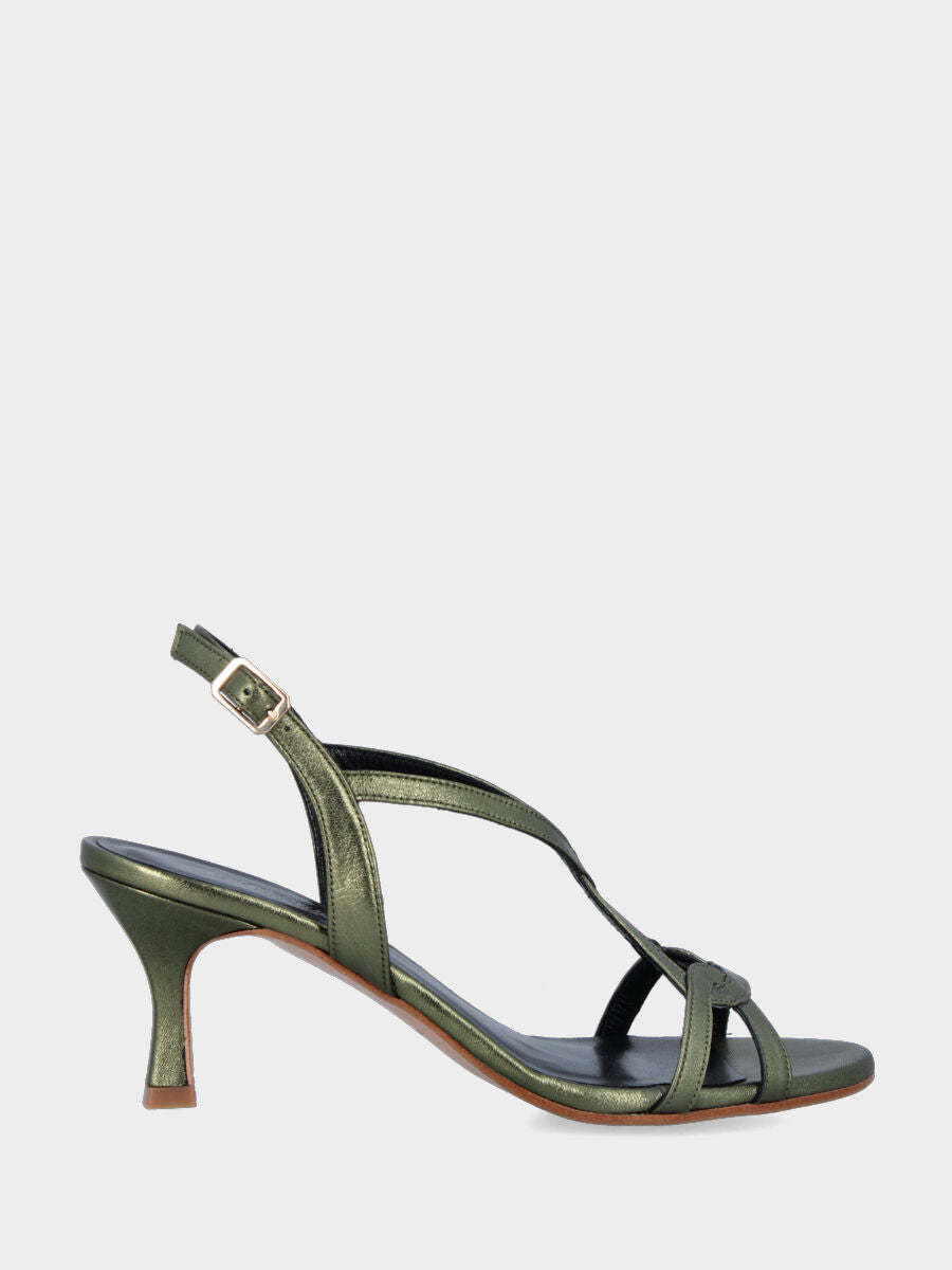 Sandalo in laminato verde con listini arcuati e tacco a calice