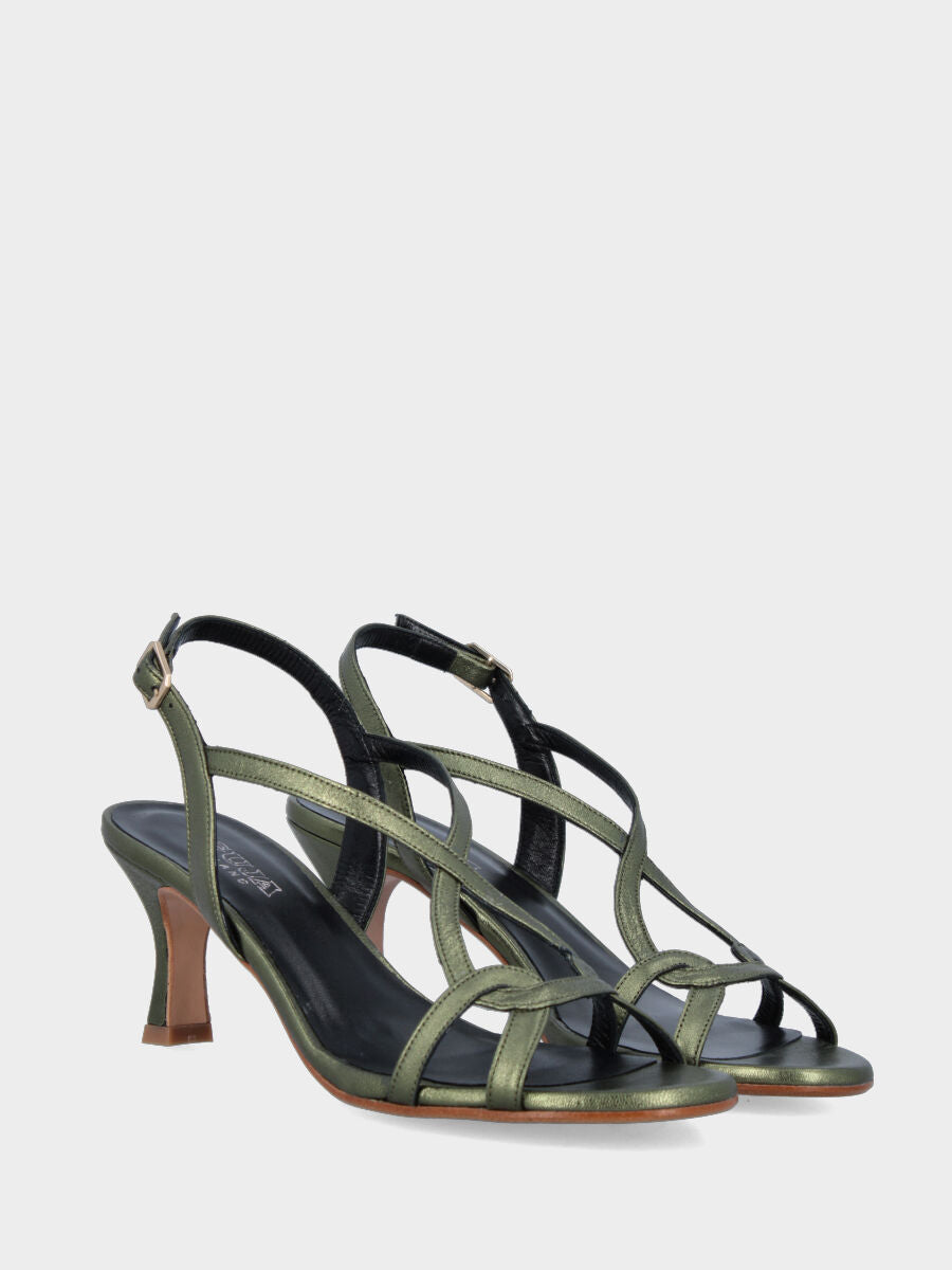 Sandalo in laminato verde con listini arcuati e tacco a calice