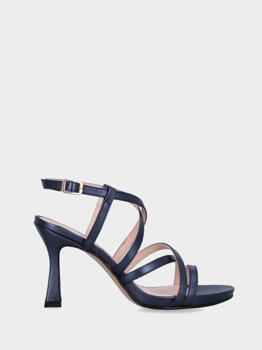 Sandalo in laminato blu con plateau, listini incrociati e tacco a calice