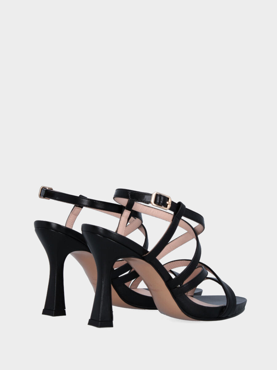 Sandalo in nappa nera con plateau, listini incrociati e tacco a calice