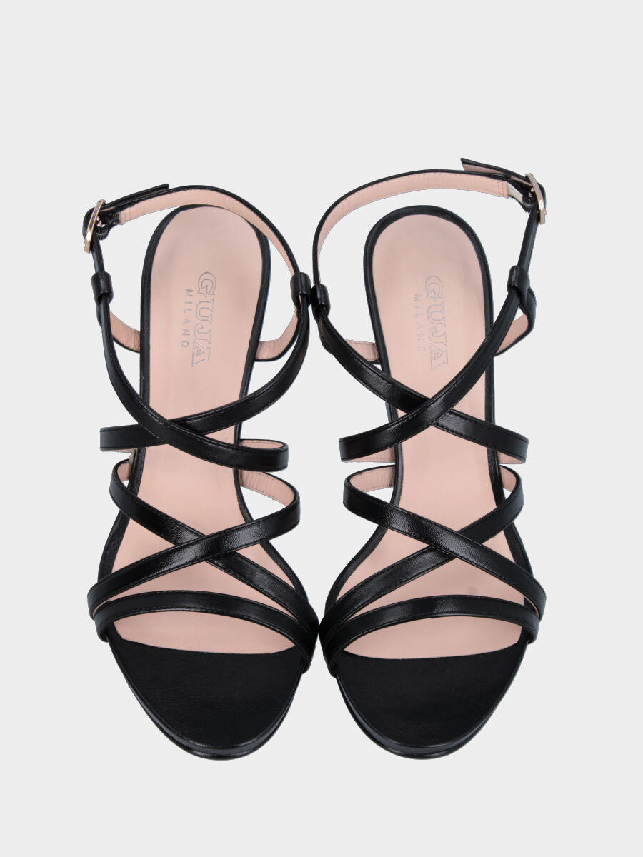Sandalo in nappa nera con plateau, listini incrociati e tacco a calice
