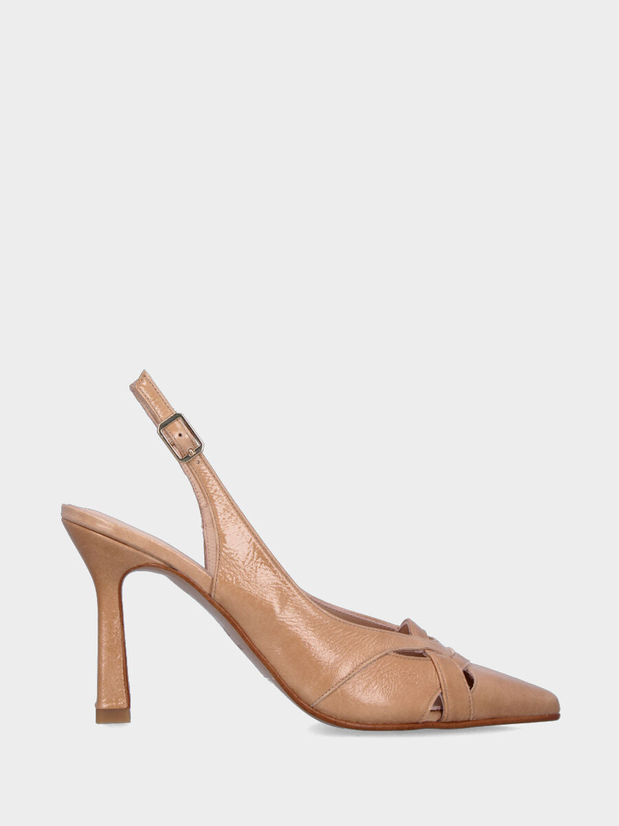 Slingback in naplak beige con incroci in pianta e tacco a calice