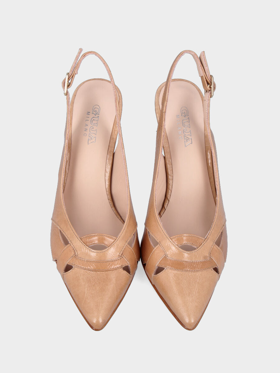 Slingback in naplak beige con incroci in pianta e tacco a calice